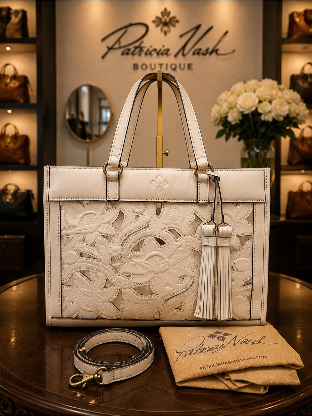 Patricia Nash Ivory Floral Cutwork Leather Tote with Tassels - Picture 1 of 10